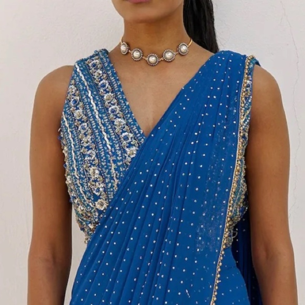 Sani Zian Drape Saree Top Only in Cobalt Blue Size XS New